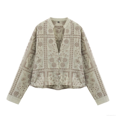 Women's Vintage Sage Green Floral Embroidered Blouse Long Sleeve Hollow Out Button Down Cotton Blend Shirt Elegant Casual Tops