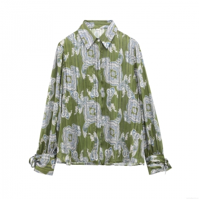 Women's Paisley Print Long Sleeve Blouse Metallic Lurex Chiffon Shirt With Tie Cuffs Turndown Collar Loose Casual Tops For Spring Autumn Ladies Fashion