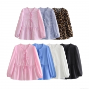 French Sweet Polyester Ribbon Tie Blouse Ruffle Hem Puff Sleeve Shirt For Women Elegant Long Sleeve Striped Leopard Top For Daily Dating