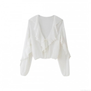 Elegant Women Ruffle V Neck Blouse Chiffon Long Sleeve Tie Front Layered Solid Color Casual Daily Party Fashion Tops
