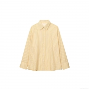 Women Yellow White Striped Long Sleeve Shirt Fashion Lapel Button Down Poplin Blouse Casual Loose Striped Top For Office Daily Ladies Clothing