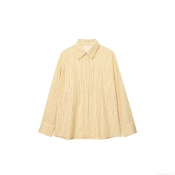 Women Yellow White Striped Long Sleeve Shirt Fashion Lapel Button Down Poplin Blouse Casual Loose Striped Top For Office Daily Ladies Clothing