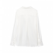 Elegant Women's Satin Blouse Solid Color Long Sleeve Button Down Pocket Top For Daily Office Wear Loose Fit Chic Polyester Butterfly Crepe Shirt