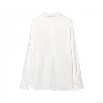 Elegant Women's Satin Blouse Solid Color Long Sleeve Button Down Pocket Top For Daily Office Wear Loose Fit Chic Polyester Butterfly Crepe Shirt