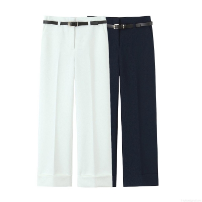 Women's High Waisted Straight Wide Leg Pants With Belt Elegant Cuffed Hem Office Career Polyester Casual Trousers Solid Color Thin Slacks