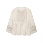 Women's Bohemian Lace Crochet Blouse Splice Long Sleeve Shirt Tassel V-Neck Cotton Linen Blend Top Vacation Casual Elegant Apparel Ladies Clothing