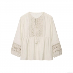 Women's Bohemian Lace Crochet Blouse Splice Long Sleeve Shirt Tassel V-Neck Cotton Linen Blend Top Vacation Casual Elegant Apparel Ladies Clothing