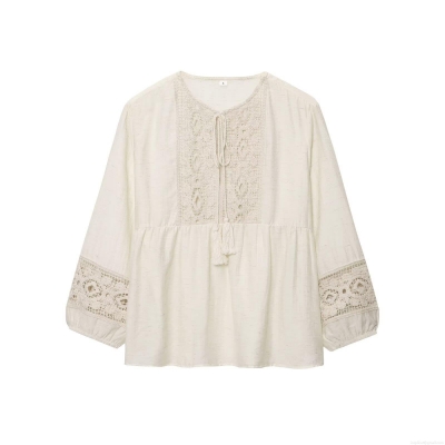 Women's Bohemian Lace Crochet Blouse Splice Long Sleeve Shirt Tassel V-Neck Cotton Linen Blend Top Vacation Casual Elegant Apparel Ladies Clothing