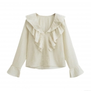Women's V-Neck Long Sleeve Embroidered Blouse With Ruffles Elegant Polyester Chiffon Shirt For Daily Dating Sweet Retro Style Top