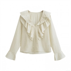 Women's V-Neck Long Sleeve Embroidered Blouse With Ruffles Elegant Polyester Chiffon Shirt For Daily Dating Sweet Retro Style Top