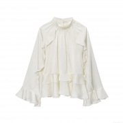 Women's Elegant Ruffle Stand Collar Blouse Polyester Solid Color Long Sleeve Pullover Shirt For Office Party Fashionable Satin Texture Top