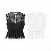Women Sexy Lace Patchwork Bustier Top Elegant Round Neck Sleeveless Peplum Hem Solid Color Polyester Blend Fashion Tank Top For Summer Party Date Night Out