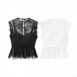 Women Sexy Lace Patchwork Bustier Top Elegant Round Neck Sleeveless Peplum Hem Solid Color Polyester Blend Fashion Tank Top For Summer Party Date Night Out
