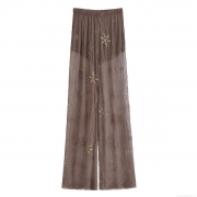 Women's Bohemian Mesh Sequin Beaded Wide Leg Pants High Waist Sheer Trousers With Short Lining For Women Party Glamour Streetwear