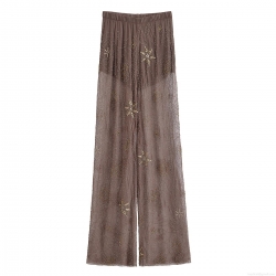 Women's Bohemian Mesh Sequin Beaded Wide Leg Pants High Waist Sheer Trousers With Short Lining For Women Party Glamour Streetwear