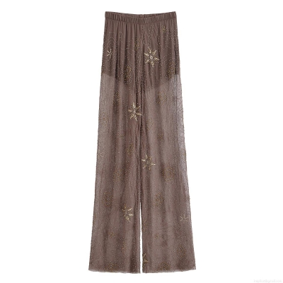Women's Bohemian Mesh Sequin Beaded Wide Leg Pants High Waist Sheer Trousers With Short Lining For Women Party Glamour Streetwear