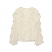 Women Elegant Ruffle Chiffon Blouse V Neck Long Sleeve Solid Color Lantern Sleeve Shirt Tops For Vacation Party Ladies Fashion
