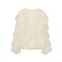 Women Elegant Ruffle Chiffon Blouse V Neck Long Sleeve Solid Color Lantern Sleeve Shirt Tops For Vacation Party Ladies Fashion