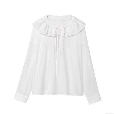 Women's Elegant Ruffle Tie-Neck Blouse Long Sleeve Slub Cotton Polyester Shirt Solid Color V-Neck Slimming Pullover Top For Casual Party Office