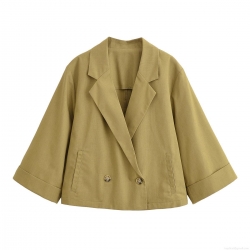 Women's Casual Short Blazer Jacket Linen-Like Polyester Notched Lapel Double Breasted Outerwear For Daily Work Office Women