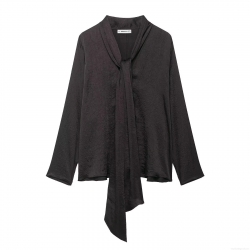 Women Elegant Solid Color Satin Long Sleeve Blouse Bow Tie Neck Pleated Texture Shirt Casual Flowy Tunic Top For Dating Party Women Clothing