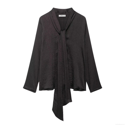 Women Elegant Solid Color Satin Long Sleeve Blouse Bow Tie Neck Pleated Texture Shirt Casual Flowy Tunic Top For Dating Party Women Clothing
