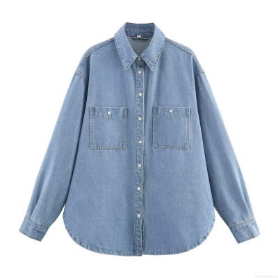 Women's Casual Long Sleeve Denim Shirt Loose Fit Button Down Blouse Top With Pockets Light Blue Distressed Jeans Shirt For Daily Wear