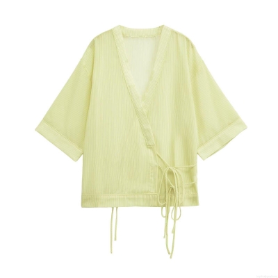 Women's Fashion Striped Kimono Cardigan With Side Tie V Neck Loose Half Sleeve 100% Polyester Blouse Top For Summer Vacation Daily Wear Ladies Casual Outerwear