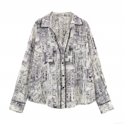 Women Artistic Architectural Print Long Sleeve Shirt Elegant Turn-Down Collar Button Down Blouse With Contrast Trim Office Lady Workwear Top