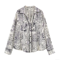 Women Artistic Architectural Print Long Sleeve Shirt Elegant Turn-Down Collar Button Down Blouse With Contrast Trim Office Lady Workwear Top