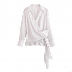 Women's Fashion Striped Wrap Blouse 100% Polyester Long Sleeve V-Neck Shirt With Side Waist Tie Bow Office Lady Work Tops