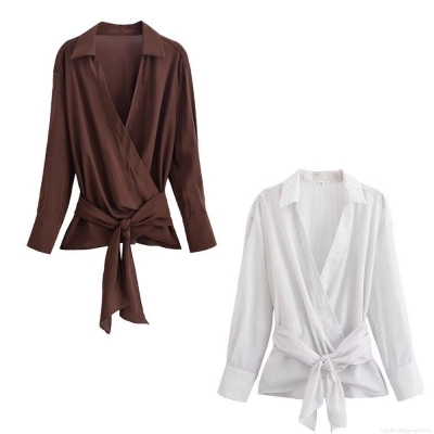 Women's Fashion Striped V-Neck Wrap Blouse Long Sleeve 100% Polyester Tie Waist Shirt Elegant Casual Top For Office Dating Ladies