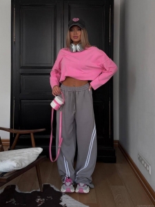 Women High Waisted Wide Leg Sweatpants 100% Cotton Side Striped Casual Tracksuit Bottoms Autumn Loose Streetwear Joggers Wide Leg Pants