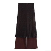 Women's Elegant Lace Stitching Fake Two-Piece Straight Leg Pants Mid-Waist Long Trousers for Office Daily Casual Intellectual Style