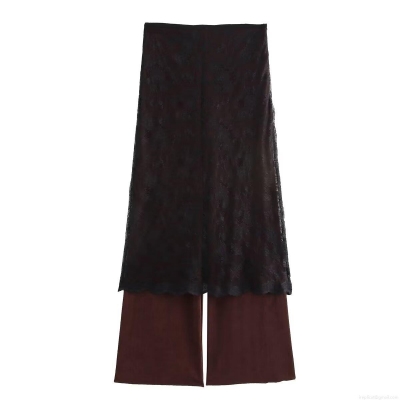 Women's Elegant Lace Stitching Fake Two-Piece Straight Leg Pants Mid-Waist Long Trousers for Office Daily Casual Intellectual Style