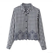 Women Gingham Check Blouse 100% Polyester Flower Embroidered Scalloped Hem Long Sleeve Button Up Shirt Vintage Cottagecore Tops For Women