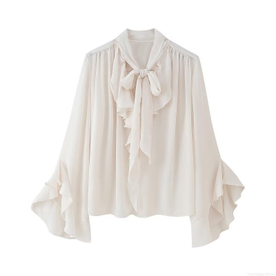 Women's Elegant Chiffon Blouse With Bow Tie Neck Ruffle Flare Long Sleeve Solid Color Retro Top Office Lady Chic Casual Lightweight Shirt