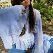 Elegant French Style Chiffon Ruffle Blouse Romantic Scarf Collar Layered Long Sleeve Loose Shirt Women Spring Fall Fashion Top