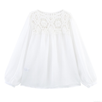 French Style Women Crochet Hollow Out Blouse Lace Patchwork Chiffon Long Lantern Sleeve Loose Pullover Top Elegant Sweet Bohemian Shirt