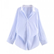 Women Striped Batwing Sleeve Shirt Polyester Cotton Contrast Lapel Collar Button Down Loose Fit Long Sleeve Casual Daily Office Fashion Blouse
