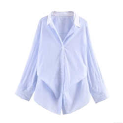 Women Striped Batwing Sleeve Shirt Polyester Cotton Contrast Lapel Collar Button Down Loose Fit Long Sleeve Casual Daily Office Fashion Blouse