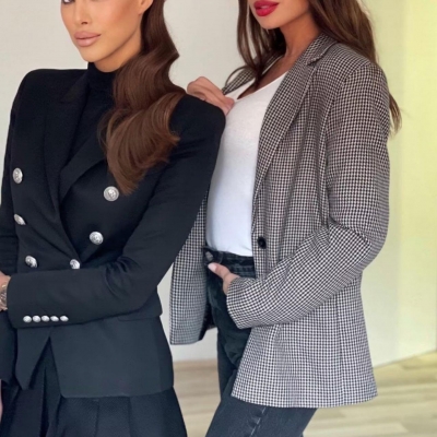 Women's Double Breasted Slim Fit Blazer Jacket With Lion Head Embossed Metal Buttons Professional Long Sleeve Polyester Outerwear Office Lady Suit Coat For Business Party Work