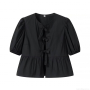 Women Puff Short Sleeve Blouse Bow Tie Front Ruffle Hem Solid Color Streetwear Summer Slim Fit Polyester Top