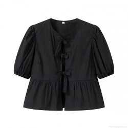 Women Puff Short Sleeve Blouse Bow Tie Front Ruffle Hem Solid Color Streetwear Summer Slim Fit Polyester Top