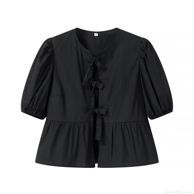 Women Puff Short Sleeve Blouse Bow Tie Front Ruffle Hem Solid Color Streetwear Summer Slim Fit Polyester Top