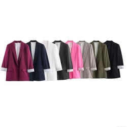 Women's Casual Loose Blazer Jacket Lapel Long Sleeve Outerwear With Striped Cuffs Pockets Polyester Blend Fashion Streetwear Coat
