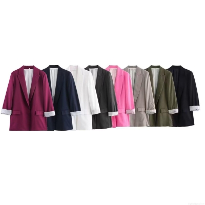Women's Casual Loose Blazer Jacket Lapel Long Sleeve Outerwear With Striped Cuffs Pockets Polyester Blend Fashion Streetwear Coat