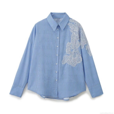 Women's Stripe Embroidery Shirt Turn-down Collar Long Sleeve Loose Fit Patchwork Lace Floral Blouse Casual Streetwear Office Fashion Top