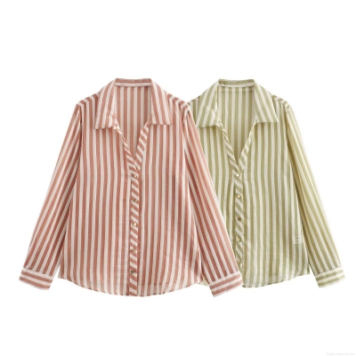Women Striped Long Sleeve Shirt Blouse Casual Loose Fit Lapel Button Down Top For Streetwear Daily Women Clothing