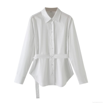 Women's 100% Cotton Poplin Shirt With Waist Tie Belt Long Sleeve Button Down Blouse Minimalist Office Streetwear Casual Solid Top